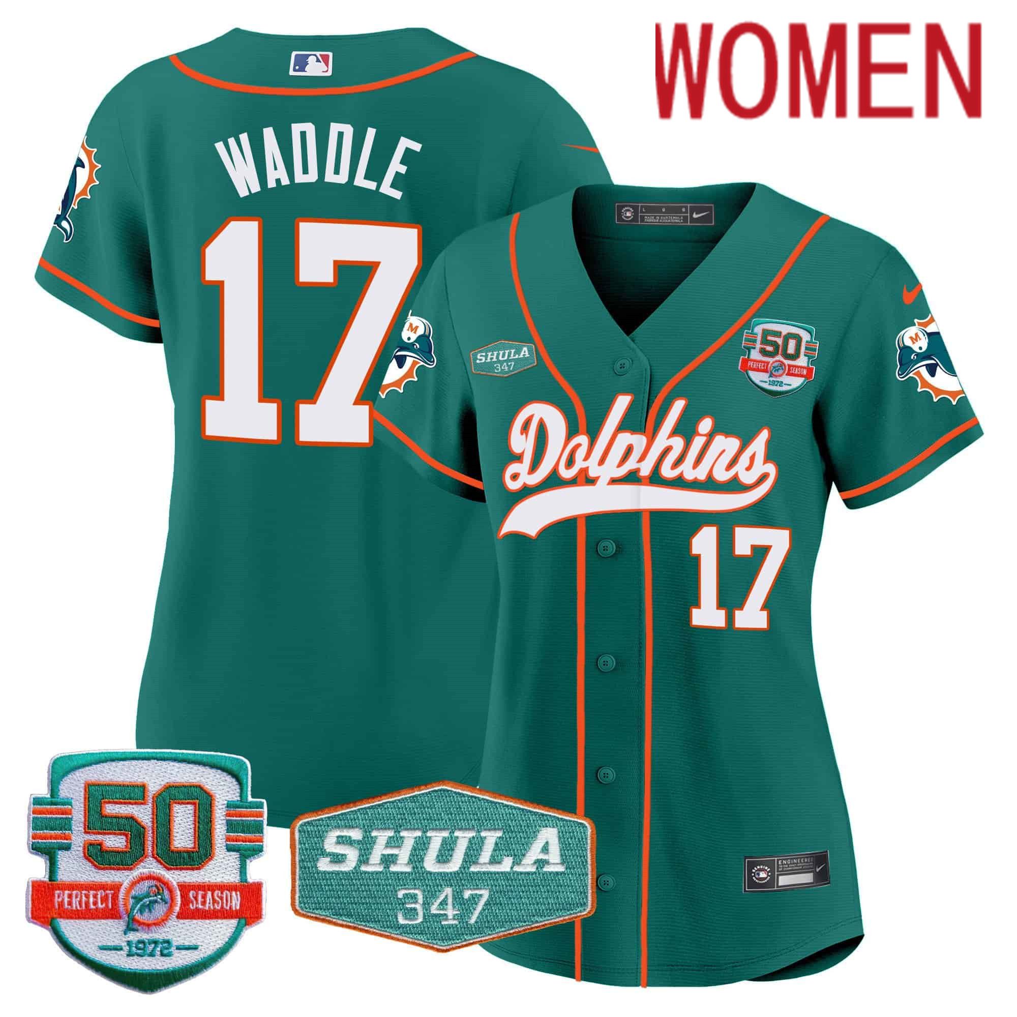Women Miami Dolphins 17 Waddle Green 2024 Nike 50th Don Shula Memorial Patch Baseball NFL Jersey style 1